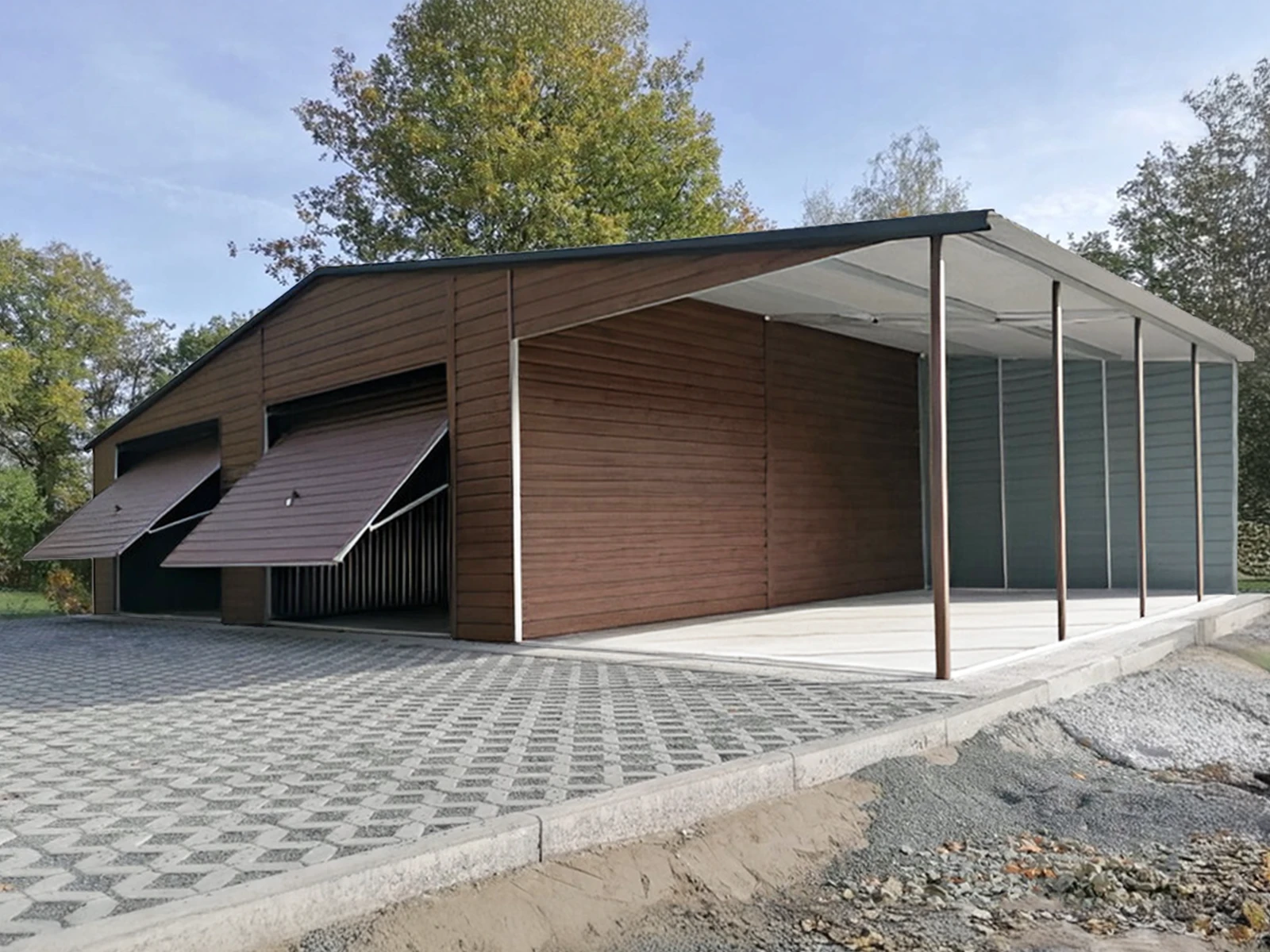 Garage a due posti auto effetto legno con tettoia
