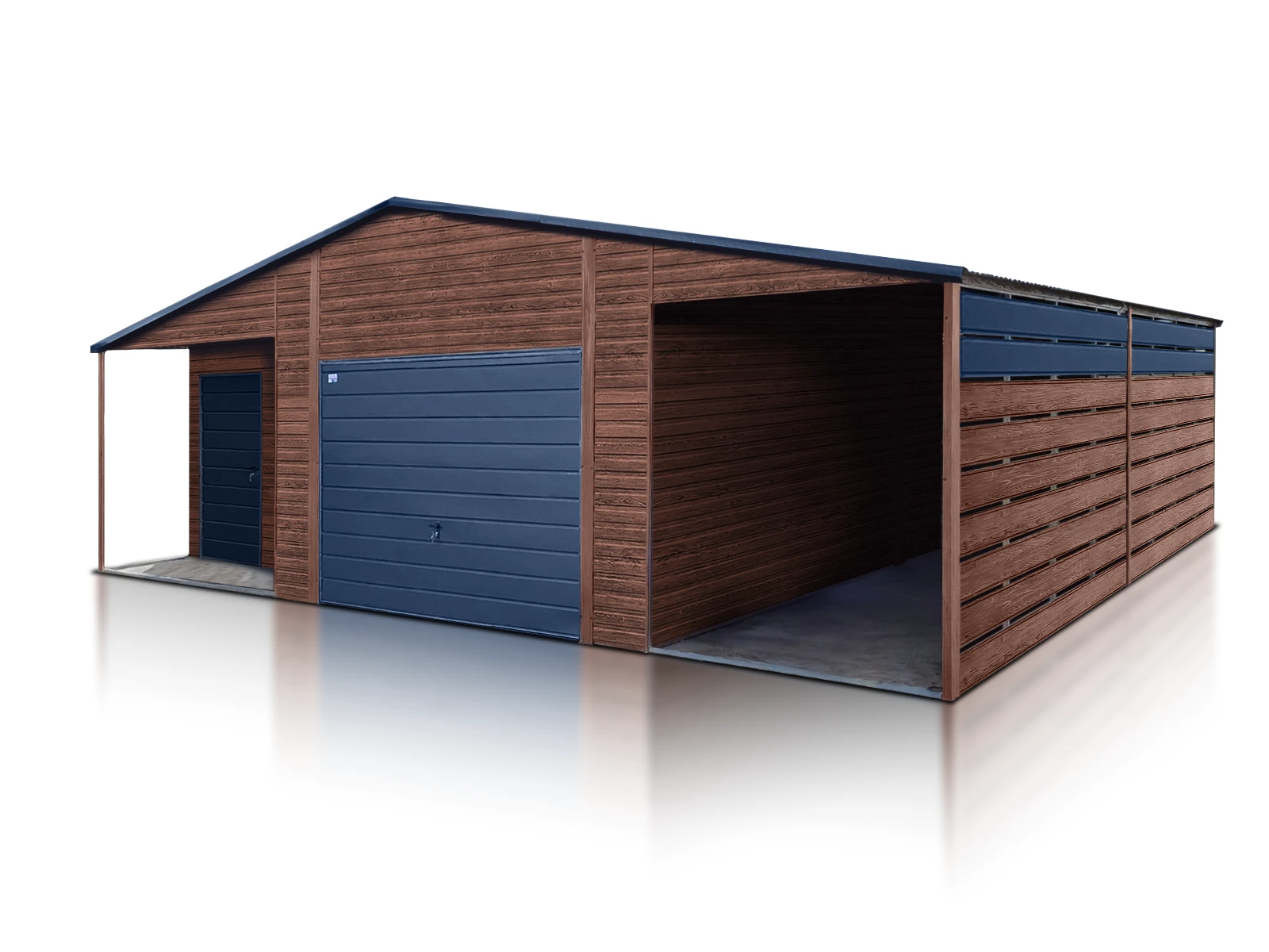 Garage in lamiera effetto legno con ripostiglio e tettoia